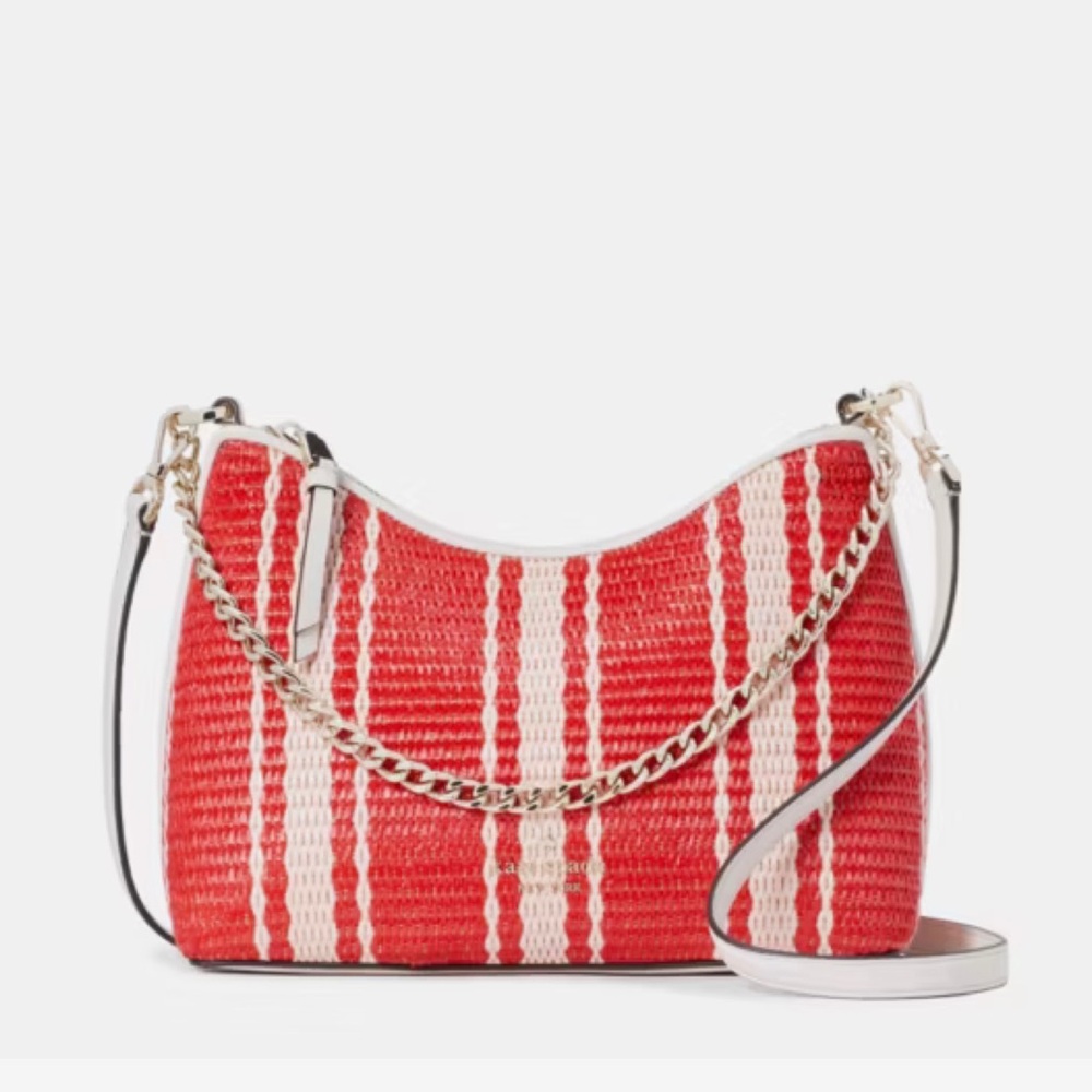 NEW Kate Spade Zippy Beach Chair Striped Heirloom Straw Pebble Leather Bag $459